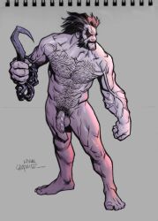 adamgraphite balls bara black_hair body_hair dc dc_comics facial_hair flaccid grey_body grey_skin lobo_(dc) male male_only muscles muscular nude penis red_eyes solo solo_male