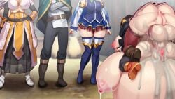 1boy 1futa 3girls aqua_(konosuba) big_belly big_breasts big_penis breasts_out cum_inside darkness_(konosuba) doggy_style exibitionism female futa_on_female futanari inflation kawahagitei kono_subarashii_sekai_ni_shukufuku_wo! leaking_cum male megumin satou_kazuma yunyun_(konosuba)