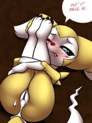 2019 blush cum cum_in_pussy cum_inside digimon digimon_(species) english_text female furball hybrid impmon renamon renimpmon shortstack solo text