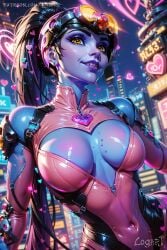 1girls absurdres ai_generated big_breasts black_hair blizzard_entertainment bodysuit breasts catsuit city cleavage cleavage_cutout closed_mouth closed_smile clothes clothing covered_navel curvy_female curvy_hips cyberpunk detailed eyebrows eyelashes female female_only headgear headwear heart high_quality highres hourglass_figure latex latex_clothing latex_suit leak leaked light_blush lips logart long_hair looking_at_viewer medium_breasts neon_lights overwatch overwatch_2 pink_clothes pink_clothing ponytail purple_body purple_lips purple_skin sci-fi seductive sensitive sky smiling solo stable_diffusion tight_clothing widowmaker yellow_eyes