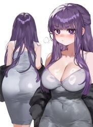 1girls ass blush breasts cleavage dress female female_only fern_(sousou_no_frieren) foolish_potato high_resolution large_breasts looking_at_viewer pout purple_eyes purple_hair solo sousou_no_frieren very_high_resolution white_background wide_hips