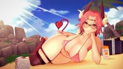 1girls 3d 3d_(artwork) beach beach_towel big_breasts bikini bikini_bottom bikini_top breasts cute_birdd female glowing_eyes huge_breasts koikatsu laying_down light-skinned_female light_skin original outdoors pink_hair pubic_hair sand sky solo stirrup_legwear succubus succubus_horns succubus_tail sunglasses tattoo tattoo_on_belly thick_thighs tiannara_(cute_birdd) tinted_eyewear yellow_eyes