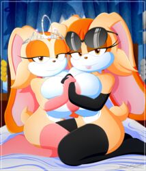 anthro breasts cream_the_rabbit elbow_gloves female female_only gloves huge_breasts leggings mother_and_daughter nipples sega slickehedge sonic_(series) thighhighs vanilla_the_rabbit