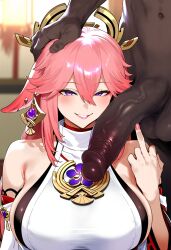 1boy 1girls ai_generated cheating cuckold dark-skinned_male fox_ears genshin_impact looking_at_viewer middle_finger pink_hair purple_eyes tomato_cake yae_miko