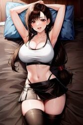 1girls ai_generated bare_arms bare_shoulders bed big_breasts brown_hair clothed clothing color female female_focus female_only final_fantasy final_fantasy_vii hi_res large_breasts light-skinned_female light_skin long_hair on_bed red_eyes senotakai_ai solo solo_female square_enix tagme thick_thighs thighhighs tifa_lockhart