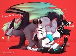 absurd_res anthro bodily_fluids cum cum_inside demonium dragon duo genital_fluids glowing glowing_eyes glowing_tongue heart hi_res knot knotting male max_(maxartwolf) maxartwolf tongue