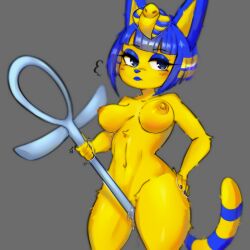 absurd_res animal_crossing ankh ankha ankha_(animal_crossing) anthro bodily_fluids breasts felid feline female genital_fluids hi_res mammal masturbation nintendo nipples pinup pose ranillopa solo vaginal_fluids wide_hips