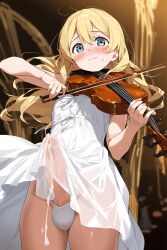 1futa ai_generated blonde_hair blue_eyes cum cum_through_clothes cumdrip doseogwan dress ejaculation embarrassed erection erection_under_clothes futa_only futanari hands-free handsfree_ejaculation long_hair looking_at_viewer miyazono_kaori panties penis penis_under_clothes penis_visible_through_clothing solo_futa sweat testicles white_dress your_lie_in_april