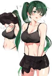 earrings fire_emblem fire_emblem:_the_blazing_blade green_eyes green_hair half-dressed horny lyn_(fire_emblem) lyndis_(fire_emblem) ormille sweat sweatdrop underwear