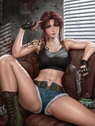 1girls abs arm_tattoo bare_belly bare_legs belly_button belt big_breasts black_lagoon boots denim_shorts female gloves gun guns inner_thighs jeans legs_up long_hair looking_at_viewer pistol red_hair revy sciamano240 short_shirt shorts sitting sitting_on_sofa six_pack sleeveless_shirt slim_waist small_shirt smiling_at_viewer smoking sports_bra spread_legs tattoo thick_thighs tied_hair underass