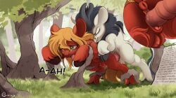 absurd_res anus ass closed_eyes conrie crotch_breasts doggy_style dragon female feral forest from_behind_position genitals hasbro hi_res kirin male male/female my_little_pony mythological_creature mythological_scalie mythology open_mouth penetration penis plant questionable_consent scalie sex teats text tree vaginal_penetration vaginal_penetration
