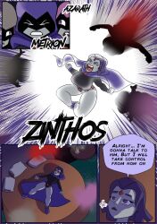 big_breasts cape comic comic_page dc dc_comics dialogue evil_raccoon grey_body grey_skin purple_eyes purple_hair rachel_roth raven_(dc) teen_titans