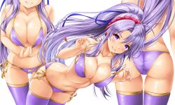 1girls alternate_costume ass bare_arms bare_shoulders big_ass bikini blue_ribbon breasts cleavage collarbone commission dutch_angle female female_only fire_emblem fire_emblem:_genealogy_of_the_holy_war grin groin hair_between_eyes hair_ribbon highres kamiya_tomoe large_breasts lifted_by_self long_hair looking_at_viewer multiple_views navel nintendo parted_bangs pixiv_commission ponytail purple_bikini purple_eyes purple_hair purple_swimsuit purple_thighhighs ribbon side-tie_bikini_bottom simple_background skindentation smile solo strap_lift swimsuit tailtiu_(fire_emblem) thighhighs very_long_hair white_background