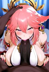 1boy 1girls ai_generated cheating dark-skinned_male fellatio fox_ears genshin_impact hand_on_head just_the_tip looking_at_viewer pink_hair purple_eyes tomato_cake yae_miko