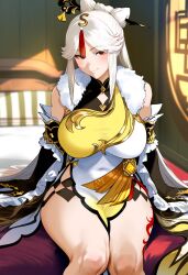 ai_generated clothed genshin_impact ningguang_(genshin_impact) red_eyes thick_thighs tomato_cake white_hair