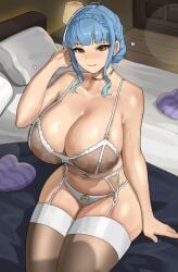 1girls blue_hair breasts cleavage fire_emblem fire_emblem:_three_houses hotel_room lingerie marianne_von_edmund nonude shikube sitting_on_bed thick_thighs thighhighs