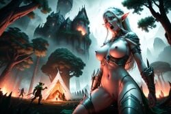 ai_generated breasts_out burning castle defeated digitaltrash elf elf_female elf_girl elves failed_resistance nude_female orcs outdoors warcraft