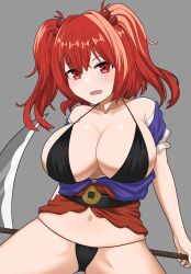 1girls big_breasts bra breasts clothed_female grey_background komachi_onozuka light-skinned_female open_clothes open_mouth panties red_eyes red_hair ringo114514810 scythe skin_fang solo solo_female thighs touhou twintails zawapirori