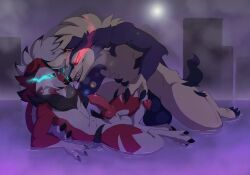 absurd_res animal_genitalia animal_penis anthro balls blue_body blue_fur canine_genitalia canine_penis claws duo erection eye_contact fur generation_7_pokemon genitals glowing glowing_eyes grin hair hi_res knot looking_at_another lycanroc male male/male midnight_lycanroc mohawk nintendo partially_submerged penis penis_tip pokemon pokemon_(species) reclining red_body red_fur shallow_water sharp-teeth sheath smile white_hair zady