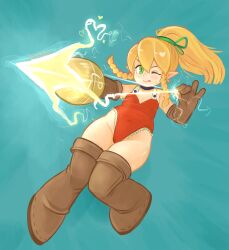 2x_(artist) alternate_costume blonde_hair blue_background blush_stickers boots choker drawfag energy_weapon gloves green_eyes hair_ribbon heart leotard mega_man mega_man_(classic) one_eye_closed pointy_ears ribbon roll