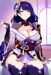 ai_generated genshin_impact lipstick purple_eyes purple_hair purple_lipstick raiden_shogun thighhighs tomato_cake