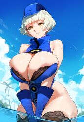 ai_generated atlus big_breasts black_bra blue_sky curvaceous curvy curvy_body curvy_female curvy_figure elizabeth_(persona) looking_at_viewer lucyla persona persona_3 thick_hips thick_legs thick_thighs water white_hair wide_hips yellow_eyes