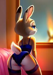 1girls ai_generated ass blue_eyes disney ears_up eyes_half_closed eyes_half_open female female_focus furry furry_female judy_hopps lingerie rabbit_tail room seductive sun_rays thick_thighs window zootopia