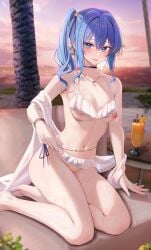 1girls barefoot black_choker blue_eyes blue_hair blue_nails blush breasts collarbone exposed_nipples hair_between_eyes hololive hololive_gen_0 hololive_japan hoshimachi_suisei medium_breasts medium_hair nail_polish navel nipples open_mouth ru_zhai side_ponytail solo star_in_eye thighs virtual_youtuber