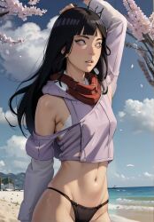 1girls ai_generated beach beautiful_background bikini_bottom black_hair boruto:_naruto_next_generations cherry_blossoms female hyuuga_hinata lake lavender_eyes light-skinned_female light_skin long_hair naked naruto nude nude_female partially_clothed petals posing posing_for_the_viewer slim_waist small_breasts soft_smile solo standing standing_position sweater teenager water