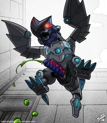 bandai_namco bodily_fluids claws cum digimon digimon_(species) digital_media_(artwork) erection feet genital_fluids genitals hi_res jazamon machine male male_only non-human penis simple_background smashed_(artist) solo tail toes