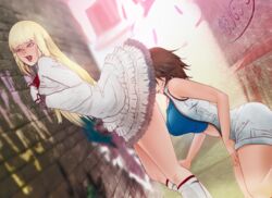 2girls against_wall alley ambiguous_penetration blonde_hair blue_eyes blue_sports_bra breasts brick_wall brown_hair dress dress_lift emilie_de_rochefort exhibitionism highres jumpsuit kazama_asuka kneehighs large_breasts light-skinned_female light_skin midriff moaning mrbudguy multiple_females multiple_girls naughty_face open_mouth oral oral_sex outdoors pleasure_face short_hair skirt skirt_lift sports_bra tekken tekken_7 thighs white_clothing white_dress yuri