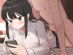 1boy black_hair brown_eyes cellphone clothed_female_nude_male female head_out_of_frame holding holding_phone indoors lamp long_hair long_sleeves multitasking niizuka_(c-drop) nude on_bed original phone prone_bone sex shirt sidelocks straight sweat white_shirt