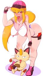 ass bare_arms bare_legs bare_shoulders bare_thighs big_ass big_butt blonde_hair blush clothed clothing color fatelogic female female_focus game_freak gloves hat hi_res light-skinned_female light_skin looking_at_viewer looking_pleasured meowth money nintendo nipples_visible_through_clothing nym_rose piercings pleasure_face pokeball pokedex pokemon pokemon_(species) red_eyes tagme thick_thighs tongue tongue_out white_background