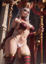 1girls ai_generated female hat long_hair mature_female panties polka_dot_panties red_bra red_eyes sally_whitemane solo staff thick thick_hips thick_legs thick_thighs thigh_boots valodiffusion warcraft white_hair white_panties world_of_warcraft