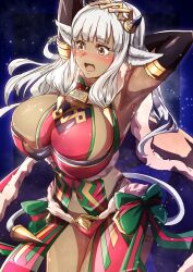1girls absurdres adapted_costume alternate_costume animal_ears ash_(fire_emblem) bare_shoulders black_horns blush breasts brown_eyes cape cosplay cow_ears cow_girl cow_horns cow_tail dark-skinned_female dark_skin ear_piercing female female_only fire_emblem fire_emblem_heroes fur-trimmed_panties fur_cape fur_trim highres holding horns huge_breasts long_hair nintendo open_mouth panties piercing solo tail tharja_(fire_emblem) tharja_(fire_emblem)_(cosplay) tharja_(winter)_(fire_emblem) to_(tototo_tk) torn_clothes underwear white_hair