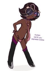 1boy artist_request boots brown_skin cookie_run cookie_run_kingdom dark-skinned_femboy dark-skinned_male dark_skin espresso_cookie femboy gay glasses long_boots male male_only solo standing thong tie twink white_background