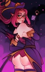 ass bat_wings bewitching_janna blush exposed_ass glasses green_eyes halloween halloween_costume janna_windforce league_of_legends lips pink_hair poposhirat riot_games sideboob wings witch witch_costume witch_hat