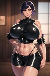 1girls abs ai_generated athletic_female female_abs fit_female large_breasts latex latex_pants latex_topwear namco panties purple_hair reina_mishima shiny smoke600 solo_focus stable_diffusion tekken tekken_8