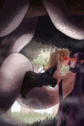 2girls artist_request blonde_hair clothed_female clothed_female_nude_female coiling_another deep_kissing female forest lamia long_hair monster_girl naked_female outdoors purple_hair saliva yuri