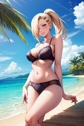 1girls ai_generated bare_legs bare_midriff bare_shoulders bare_thighs big_breasts bijin_hahaoya blonde_hair blue_eyes blue_sky blush boruto:_naruto_next_generations bra breasts cleavage female female_only hair_ornament hair_over_one_eye hairclip huge_breasts ino_yamanaka long_hair mature mature_female midriff milf nai_diffusion naruto naruto:_the_last naruto_(series) naruto_shippuden palm_tree panties pinup ponytail sagging_breasts seaside smile solo solo_focus stable_diffusion sunlight underwear underwear_only very_long_hair wide_hips