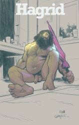 1boy adamgraphite balls beard body_hair facial_hair flaccid full_body hagrid hairy hairy_arms hairy_chest hairy_male harry_potter holding_object holding_umbrella long_beard male male_only nude on_floor penis sitting solo solo_male umbrella watermark