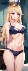 ai_generated arms_behind_back ass_visible_through_thighs bangs bare_shoulders black_bra black_panties blonde_hair blush bow bra breasts cleavage closed_mouth collarbone cowboy_shot crown eris_(shadowverse) female indoors large_breasts long_hair looking_at_viewer navel panties pikkiwynn purple_eyes shadowverse smile solo standing stomach thighs underwear underwear_only