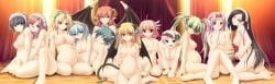 12girls all_fours animal_ears barefoot bat_wings belly_hold black_hair blonde_hair blue_hair blush braid breasts bridget_(himegari_dungeon_meister) brown_eyes cat_ears censored cleavage colette_(himegari_dungeon_meister) collarbone covering_privates crown curtains curvy deirdre_(himegari_dungeon_meister) demon_girl elf estelle_valhelmia eushully eyepatch fam_(himegari_dungeon_meister) feet female_focus game_cg glasses green_hair hair_ornament hair_ribbon hanging_breasts harem head_wings headband headdress highres himegari_dungeon_meister horns indoors kneeling large_breasts leaning lily_(himegari_dungeon_meister) lineup long_hair long_image looking_back maid maid_headdress multiple_pregnancies navel nelly_(himegari_dungeon_meister) nipples nude octavia_(himegari_dungeon_meister) pink_hair pointy_ears ponytail pregnant purple_eyes purple_hair red_eyes red_hair ribbon sassoon_(himegari_dungeon_meister) short_hair sitting smile source_request succubus sylphiene_(himegari_dungeon_meister) tail take_your_pick thighs tiara tiofania_(himegari_dungeon_meister) twin_braids twintails vidal_(himegari_dungeon_meister) white_hair wide_image wings yakuri yellow_eyes