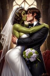 1boy 1boy1futa 1boy1girl 1futa ai_generated big_ass big_breasts black_bowtie black_suit blush bouquet brown_hair church closed_eyes crying crying_with_eyes_closed green_skin hugging human human_male kiss_on_lips kissing no_penetration no_sex orc orc_futanari original_character pointy_ears rose_(flower) tiara tight_hug tuxedo wavy_hair wedding wedding_dress wedding_veil white_dress wholesome