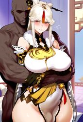 1boy ai_generated clothed dark-skinned_male genshin_impact groping ningguang_(genshin_impact) red_eyes thick_thighs tomato_cake white_hair