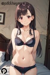 ai_generated arms_behind_back ass_visible_through_thighs bangs bare_shoulders bed black_bra black_panties blush bow bow_bra bow_panties bra breasts brown_hair closed_mouth collarbone cowboy_shot female indoors kono_subarashii_sekai_ni_shukufuku_wo! long_hair looking_at_viewer medium_breasts navel panties pikkiwynn red_eyes smile solo stomach underwear underwear_only yuiyui_(konosuba)