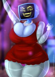 1girls 2d big_breasts breasts busty cleavage clothing dress female female_only huge_breasts humanoid karen_plankton large_breasts looking_at_viewer necklace nipple_bulge panties pearl_necklace robot robot_girl robot_humanoid screen_face solo spongebob_squarepants teenagebratwurst thick_thighs tv tv_head wide_hips