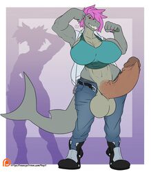 1futa anthro balls big_breasts border breasts clothed clothing colored_nails dickgirl erection fish flexing footwear futa_only futanari hair humanoid_penis intersex jeans marine muscular muscular_dickgirl muscular_intersex non-mammal_breasts pants patreon penis pink_hair shark sharp_teeth shirt short_hair smile solo solo_futa tank_top teeth url veyll vishka white_border