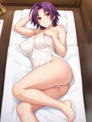 ai_generated ass azuma_marina big_ass big_breasts huge_ass isogil kashidashi_tsuma_marina_no_"netorase"_houkoku_binkan_tsuma_to_zetsurin_daigakusei looking_at_viewer massage_table purple_hair sexy_pose towel yellow_eyes