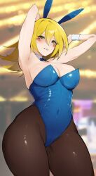 1girls blonde_hair breasts bunny_ears bunny_girl bunnysuit dark_magician_girl duel_monster female female_only green_eyes kataku_musou large_breasts looking_at_viewer original solo thick_thighs thighs white_background white_hair